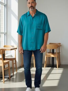 Men's Vintage 100% silk Short-Sleeve Casual Button-Up Shirt - Teal